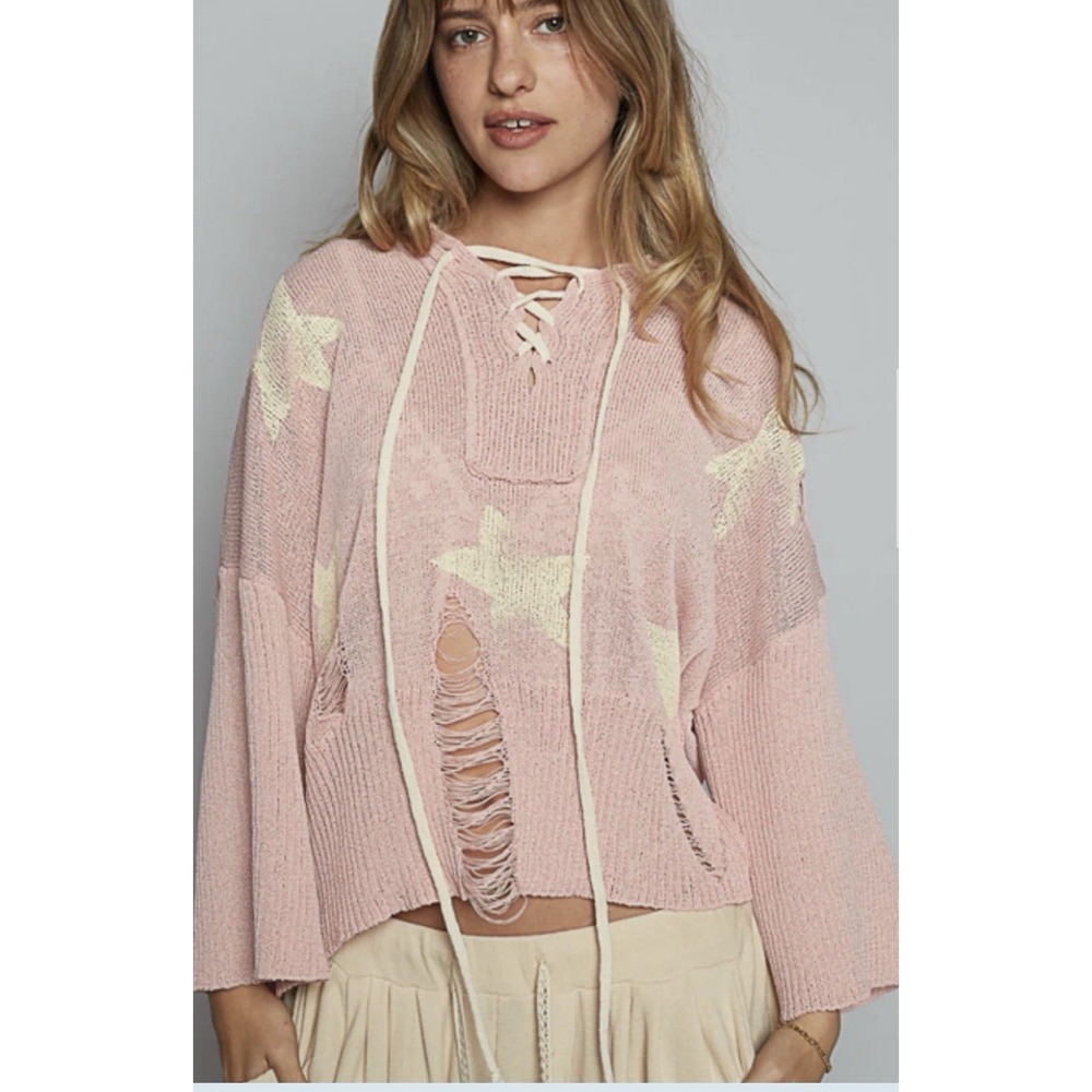 POL Star Distressed Hoodie Women Large Pink Lace Up Knit UST348